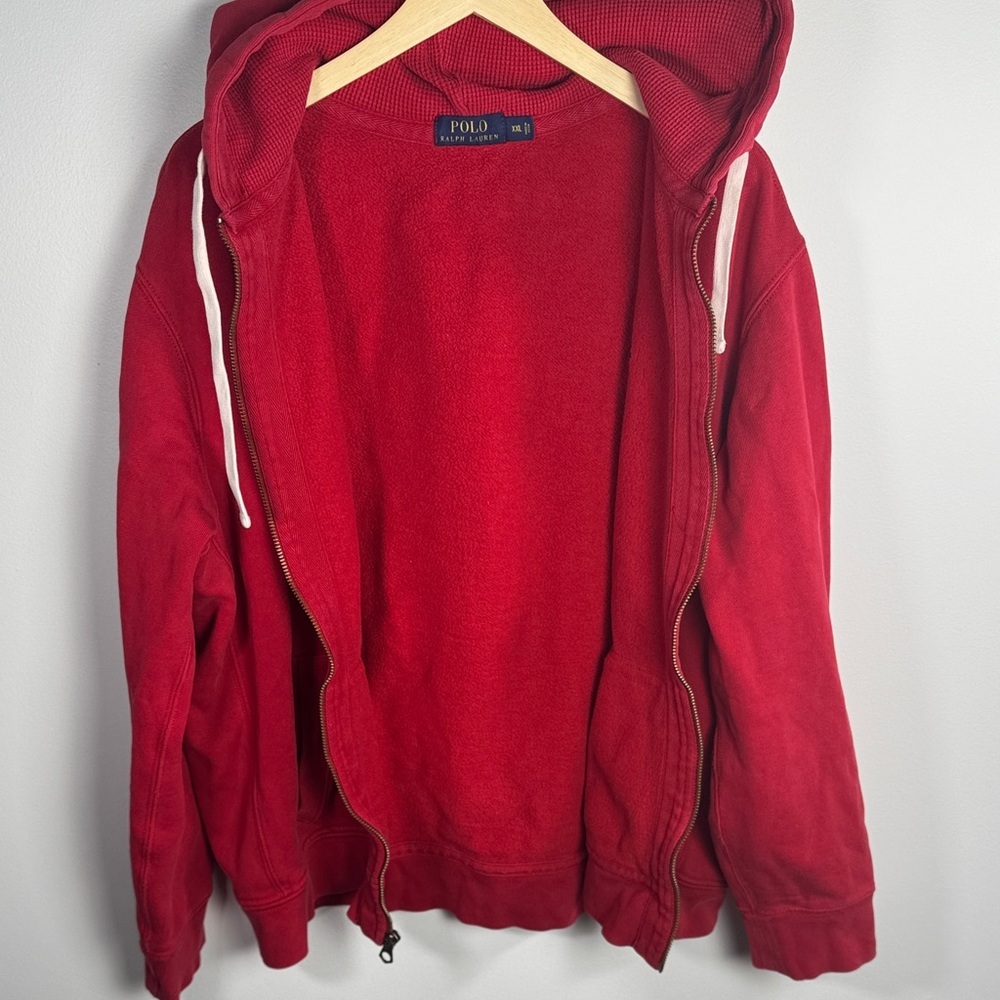 Vintage Polo Ralph Lauren Thermal Full Zip Hoodie Mens Waffle Knit Red 90s XXL - Picture 6 of 9